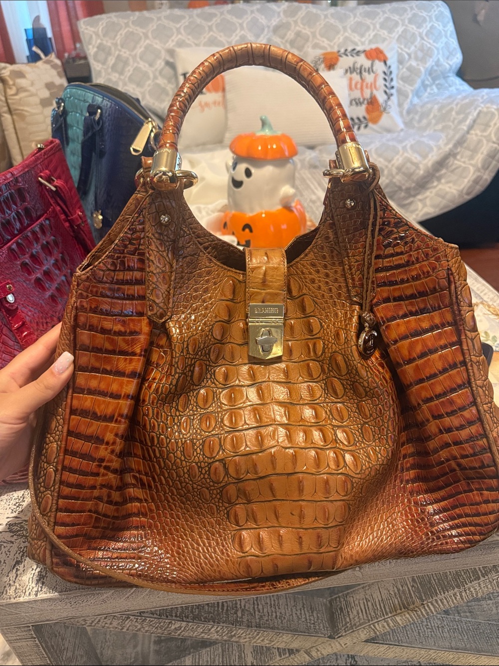 Brahmin Cognac Croc-Embossed Leather Hobo